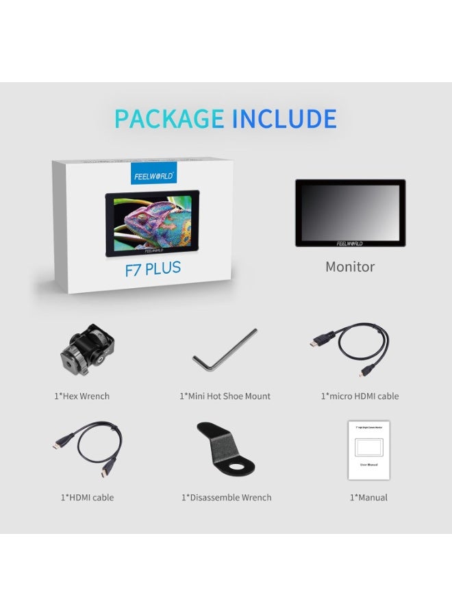 FEELWORLD F7 Plus 7 Inch 1200nit DSLR Camera Field Monitor Touch Screen with 3D Lut HDR Waveform F970 External Power Install Kit 1920x1200 4K 60Hz HDMI Input and Output 8.4V DC Output 5V Type-c Input - Image 2